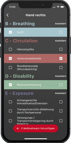 SkillReport - App - Dein Logbuch für die Notfallmedizin zeigt einen Screenshot der App für verschiedene Versorgungsmaßnahmen